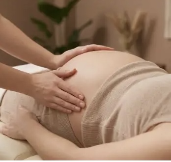 Mains d'une ostéopathe posées avec bienveillance sur le ventre d'une femme enceinte.